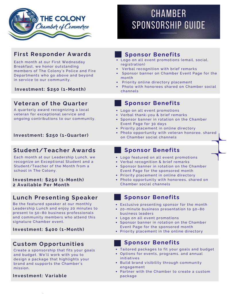 The Colony Chamber of Commerce sponsorship guide listing First Responder Awards, Veteran of the Quarter, Student/Teacher Awards, Lunch Presenting Speaker, and custom sponsorship opportunities with sponsor benefits.