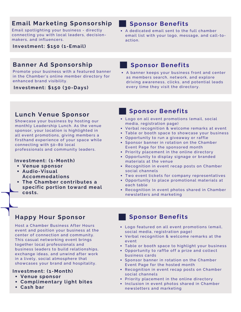 The Colony Chamber of Commerce sponsorship guide page listing Email Marketing Sponsorship, Banner Ad Sponsorship, Lunch Venue Sponsor, and Happy Hour Sponsor opportunities with sponsor benefits.